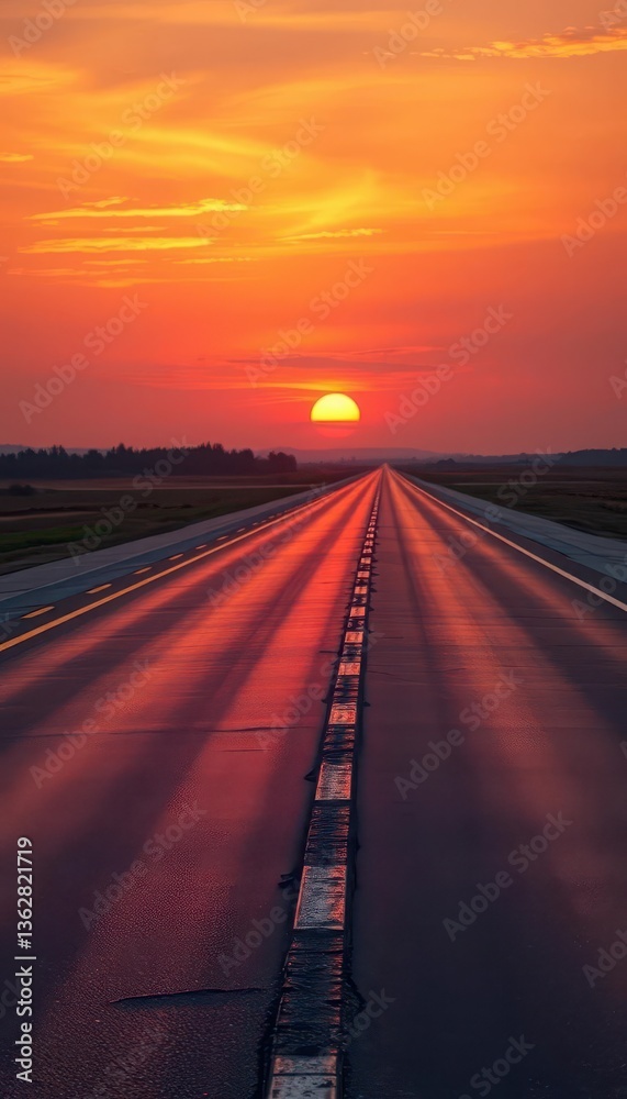 Fototapeta premium Long asphalt runway bathed in warm sunset hues, landing, lines, airport