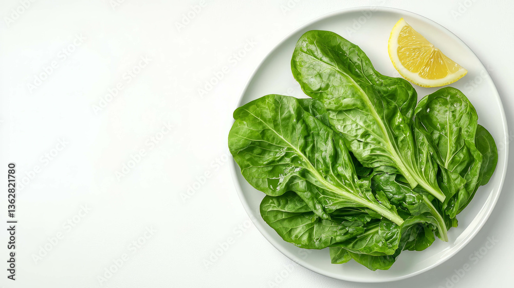 Fresh lambs lettuce and lemon slice on white plate for salad preparation Fresh lambs lettuce and lemon slice on white plate for salad preparation