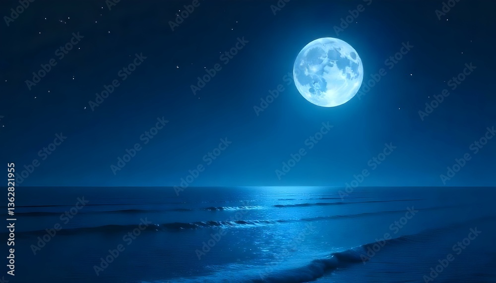 A digital artwork depicting a full moon over the ocean at night, rendered in a monochromatic blue color scheme A digital artwork depicting a full moon over the ocean at night, rendered in a monochromatic blue color scheme