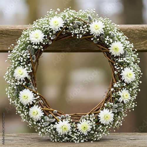 Willow wreath with white chrysanthemums isolated, Qingming festival photo