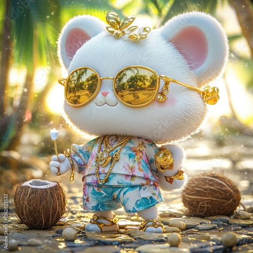 Adorable White Furry Creature in Sunglasses on Tropical Vacation