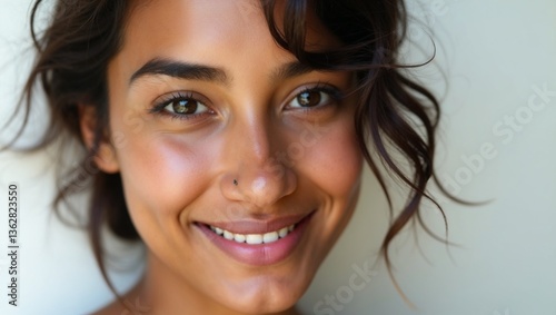 🔹Title
Close-up portrait  with warm skin and expressive features against white background
