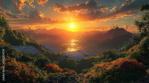 A breathtaking sunset over a green landscape with solar panels and wind turbines highlighting