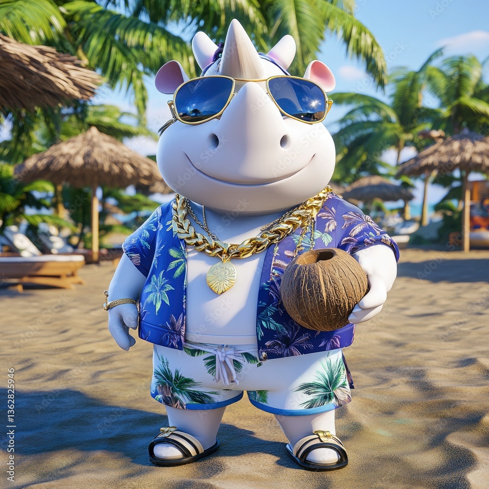 Fototapeta premium Cool Rhino on Tropical Beach Vacation with Coconut