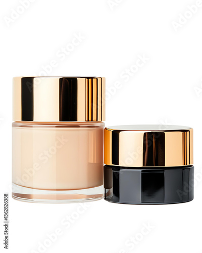 Isolated trasparent Png Elegant cosmetic jars with golden lids for skincare products on a clean background.