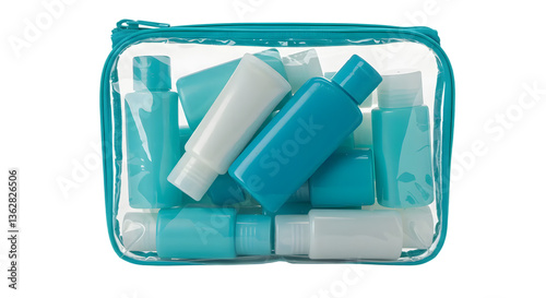 Transparent Cosmetic Bag Filled with Colorful Travel Bottles for Shampoo, Conditioner, and Body Lotion on White Background