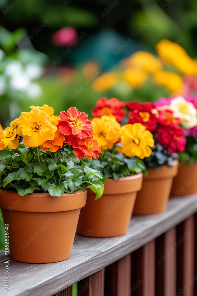 Colorful flowers bloom in terracotta pots arranged along wooden railing. Garden setting with vibrant colors and lush greenery. Concept of gardening, floral design, outdoor decor Colorful flowers bloom in terracotta pots arranged along wooden railing. Garden setting with vibrant colors and lush greenery. Concept of gardening, floral design, outdoor decor