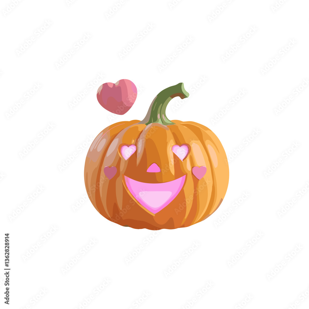 The image showcases a whimsical illustration of a jack-o'-lantern, characterized by its vibrant orange color and a cheerful face. The pumpkin features heart-shaped eyes and a wide smile, exuding a pla The image showcases a whimsical illustration of a jack-o'-lantern, characterized by its vibrant orange color and a cheerful face. The pumpkin features heart-shaped eyes and a wide smile, exuding a pla