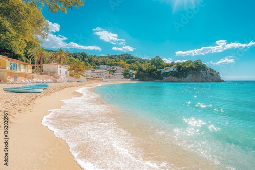 Clear turquoise waters and sandy shores invite relaxation at this coastal paradise in the afternoon sun