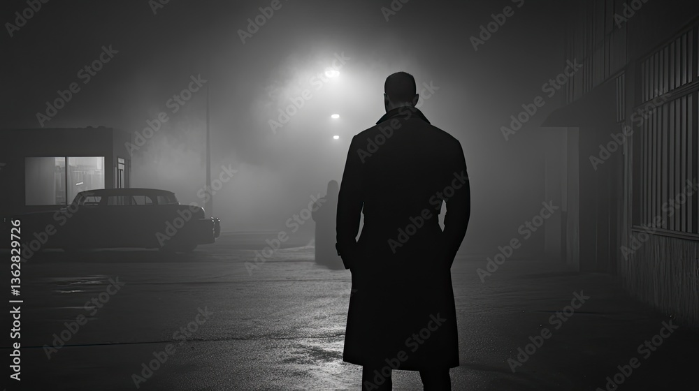Obraz premium A solitary figure in a foggy urban alleyway at night