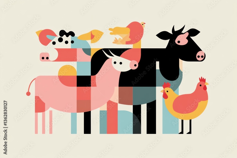 Naklejka premium Vibrant minimalist geometric illustration featuring cows, pigs, and chickens in modern design Generative AI