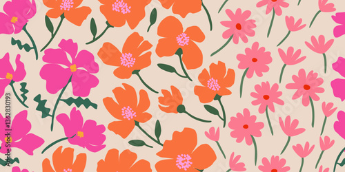 Hand drawn flowers backgrounds. Seamless patterns with floral for fabric, textiles, clothing, packaging, cover, banner, poster, interior decor. Vector illustration.