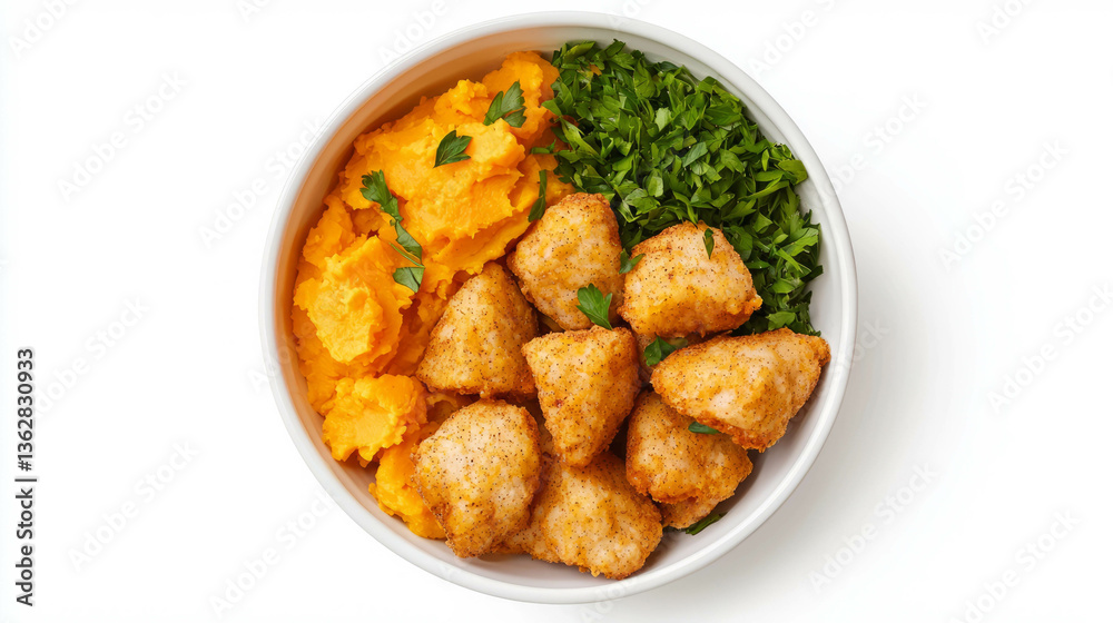 Fototapeta premium Delicious chicken nuggets with creamy mashed potatoes and fresh parsley