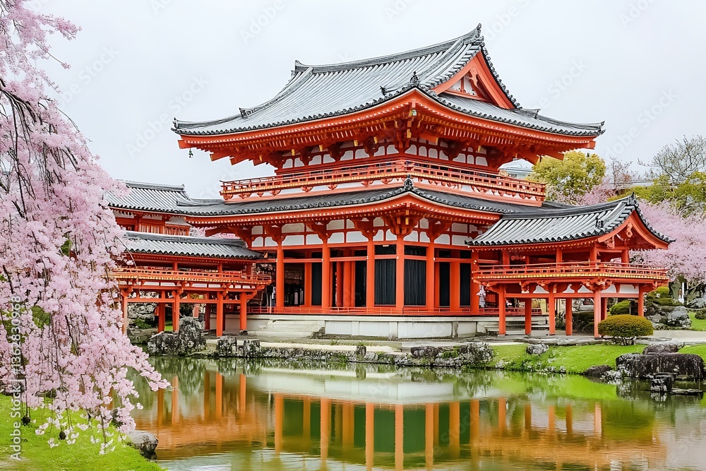 A serene Japanese temple surrounded by blooming cherry blossoms, creating a picturesque spring scene. A serene Japanese temple surrounded by blooming cherry blossoms, creating a picturesque spring scene.