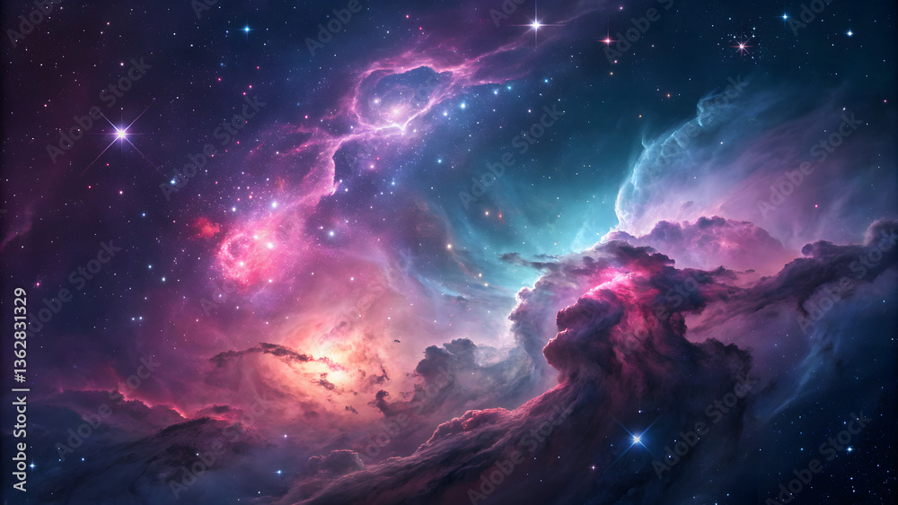 Planet in space with Earth and Sun surrounded by stars and nebula in a cosmic night sky Planet in space with Earth and Sun surrounded by stars and nebula in a cosmic night sky