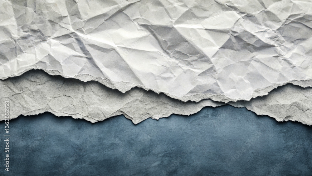 Fototapeta premium A photograph of crumpled paper creating the illusion of a mountainous landscape. Gray and blue shades convey the effect of a natural landscape.
