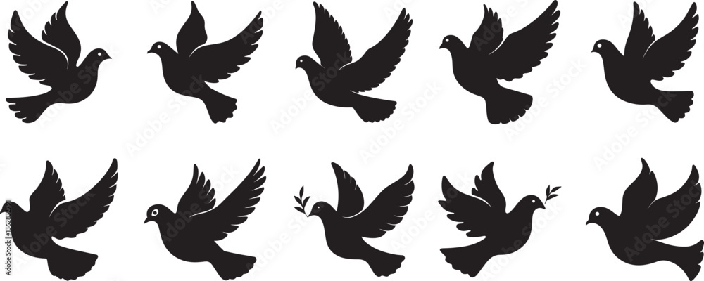 Obraz premium Vector set of fire flames with flying dove silhouettes