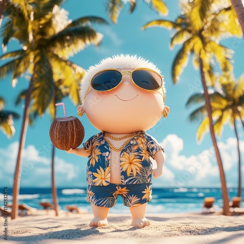 Happy Cartoon Character Enjoying a Tropical Beach Vacation with a Coconut Drink