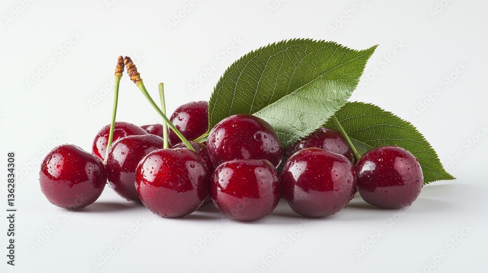 A bunch of red cherries with green leaves on top A bunch of red cherries with green leaves on top