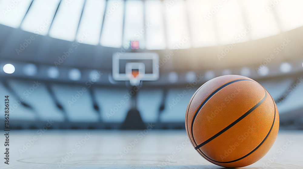 A basketball ball in front of a large modern basketball arena, showcasing the excitement and intensity of the game, with the court and seating area in the background.
A basketball ball in front of a large modern basketball arena, showcasing the excitement and intensity of the game, with the court and seating area in the background.