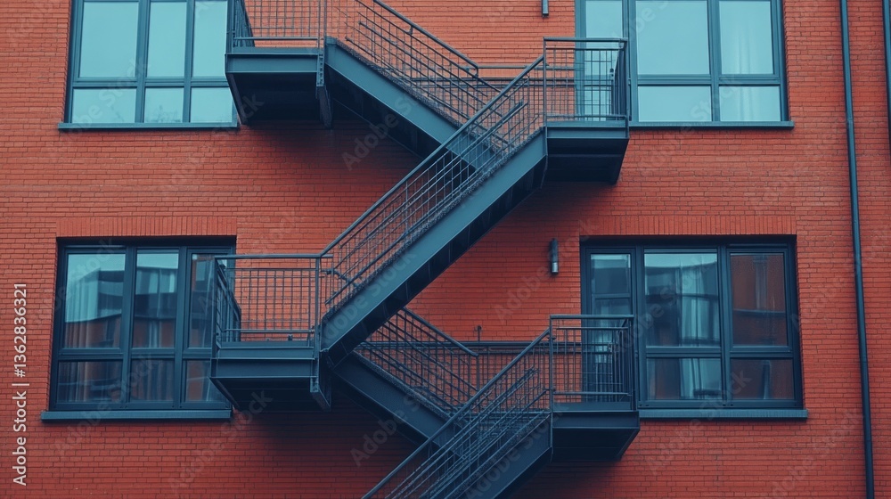 Fototapeta premium A striking spiral staircase winds its way up the side of a vibrant red brick building, contrasting beautifully with the dark metal railings and modern windows that frame the structure