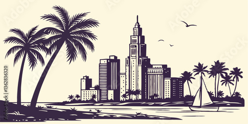 Miami vector silhouette skyline featuring the city's iconic Art Deco buildings, palm trees, and waterfront skyline.
