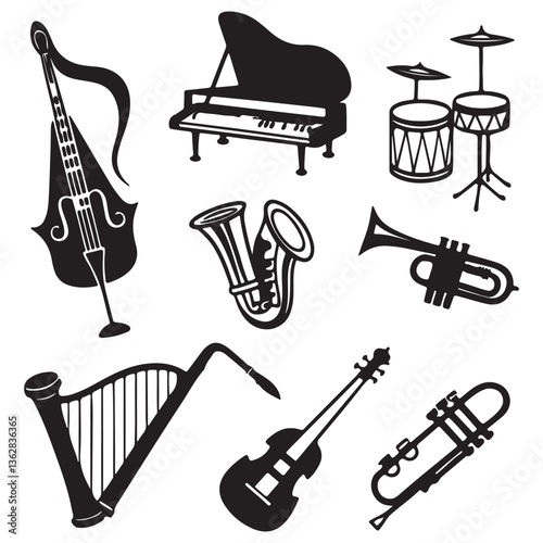 Musical instrument set. Accordion, guitar, harp, ethnic drum, violin, saxophone. Can be used for orchestra, acoustic concert, music, school concept vector