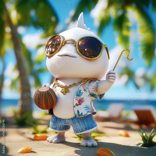 Cool Fish Character on Tropical Beach Vacation