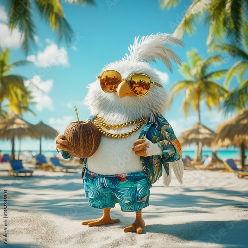 Cool Bird on Tropical Beach Vacation with Coconut Drink