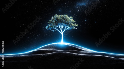 Luminous Tree on a Hilltop Under a Starry Night