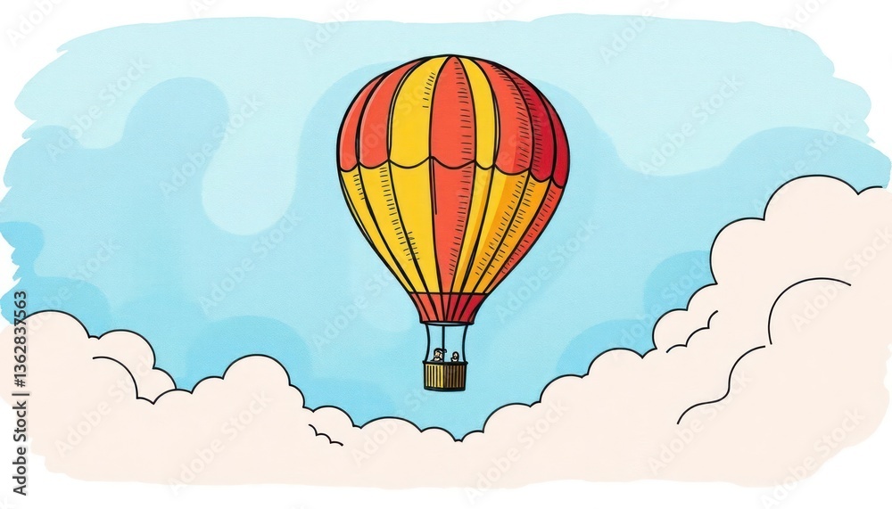 Obraz premium A colorful hot air balloon soaring through a blue sky with fluffy clouds.