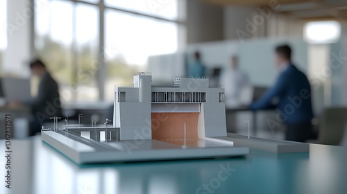 a hydro power dam. Placed on a table in an office. Blurred background with engineers 
