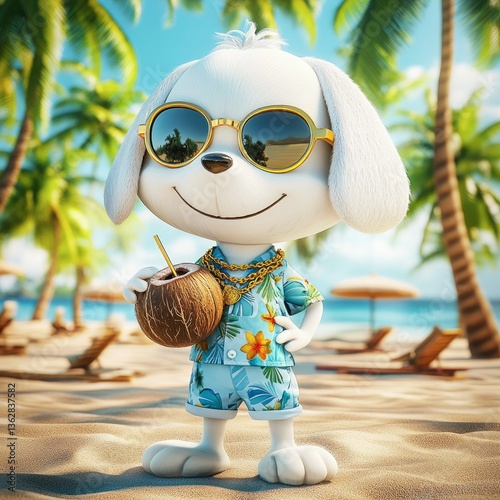 Adorable Cartoon Dog Enjoying a Tropical Beach Vacation with Coconut Drink