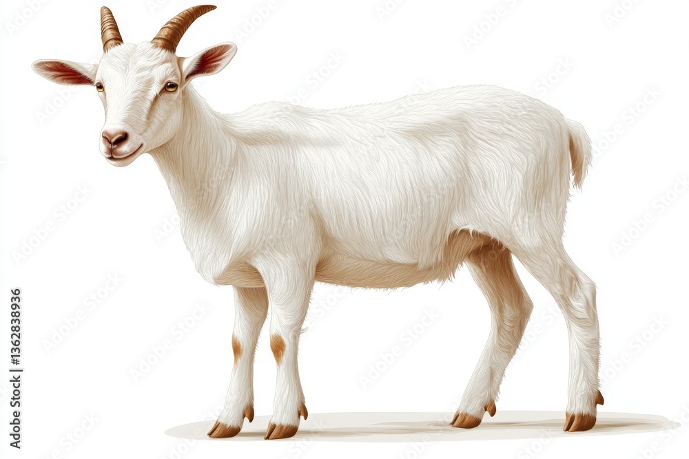 Fototapeta premium European white goat standing calmly on a plain background showcasing its distinctive features and gentle demeanor