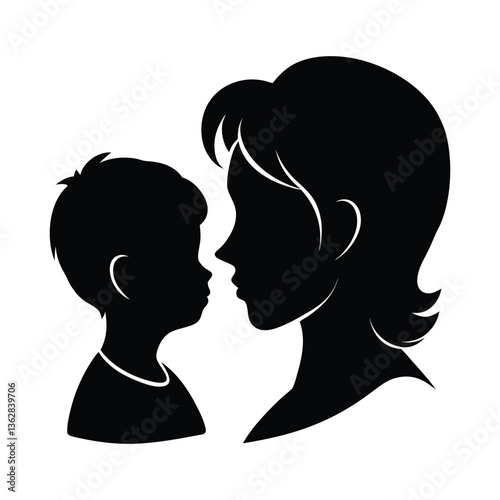 Silhouette of a mom and son head on white background