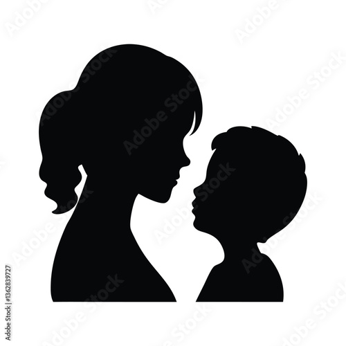 Silhouette of a mom and son head on white background