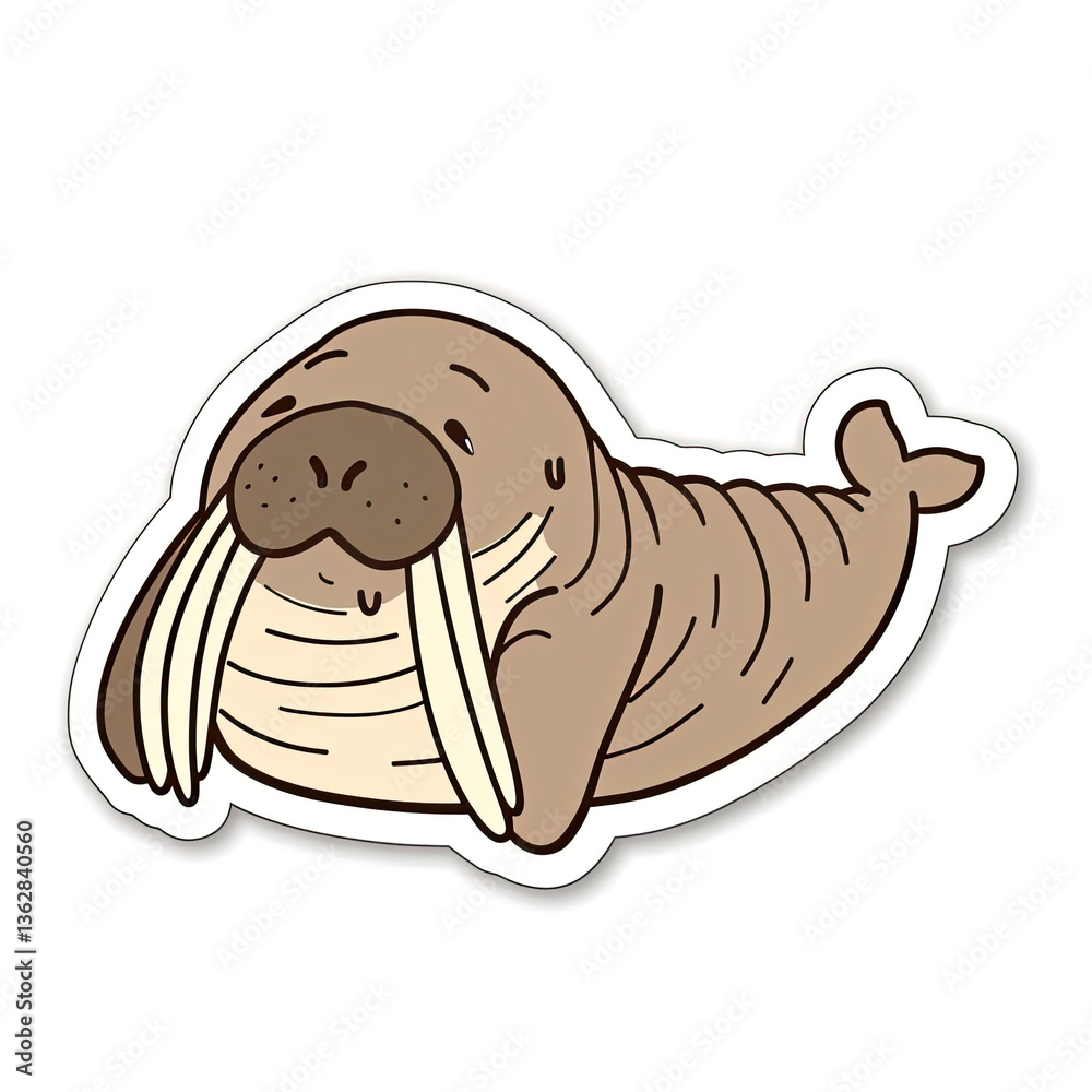 Obraz premium Cute cartoon walrus with long white tusks sticker art illustration element