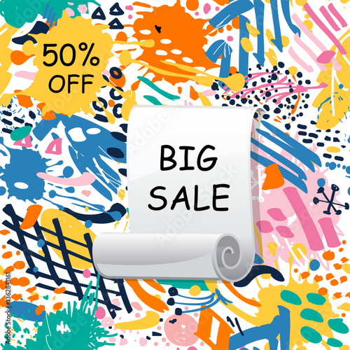 Big sale banner. Special offer price label design. Super Sale promotion banner template. Doodle background. Vector Illustration.