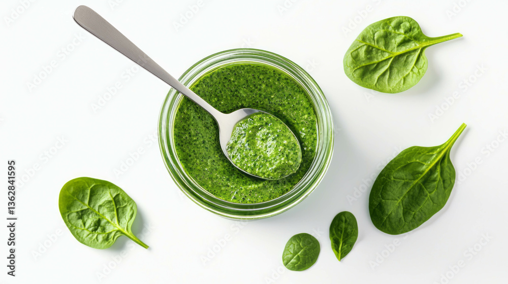Obraz premium Delicious spirulina and spinach pesto for healthy cooking and vegan cuisine inspiration