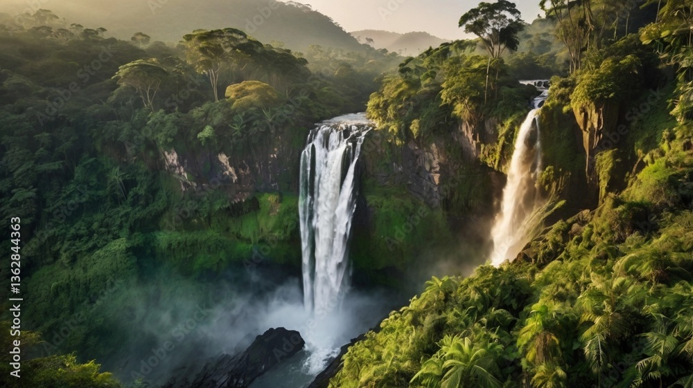 Fototapeta premium Golden Sunrise Over a Powerful Jungle Waterfall with Rising Mist