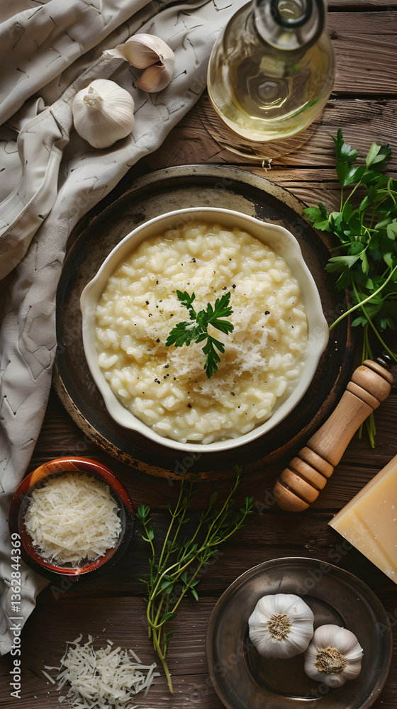Overhead View of A Deliciously Prepared Risotto with its Essential Ingredients Around Overhead View of A Deliciously Prepared Risotto with its Essential Ingredients Around