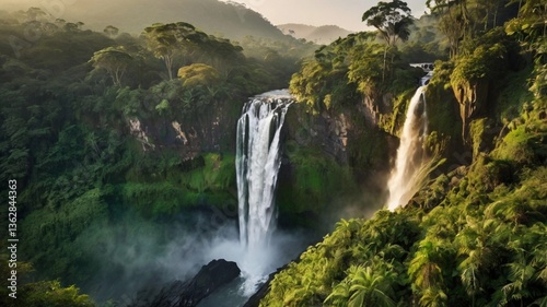 Golden Sunrise Over a Powerful Jungle Waterfall with Rising Mist