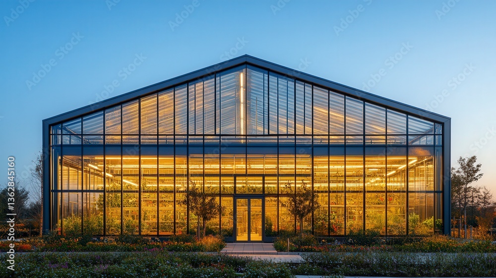 Modern Glass Greenhouse at Dusk with Warm Interior Lighting Modern Glass Greenhouse at Dusk with Warm Interior Lighting