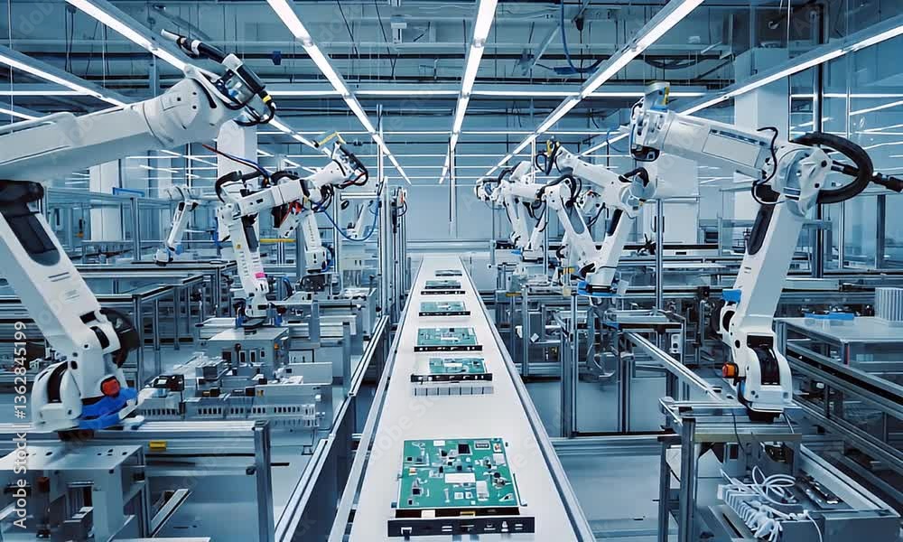 Automated robotic arms working on a production line assembling circuit boards in a modern factory. Automated robotic arms working on a production line assembling circuit boards in a modern factory.