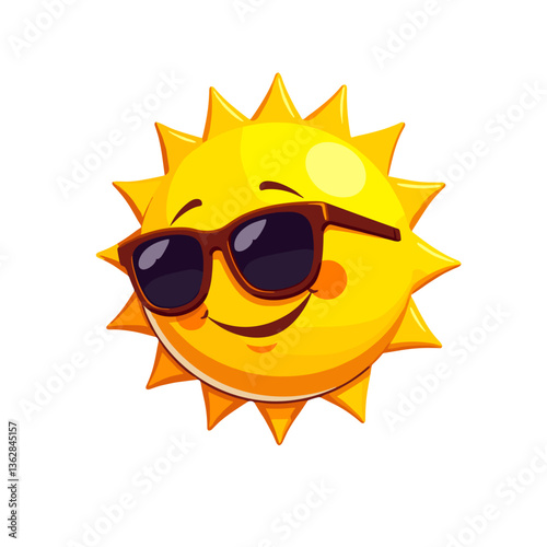 The image presents a cheerful sun emoji with a bright yellow face and a big smile, wearing stylish sunglasses. The sun has distinct triangular rays protruding from its circular face, emphasizing its s