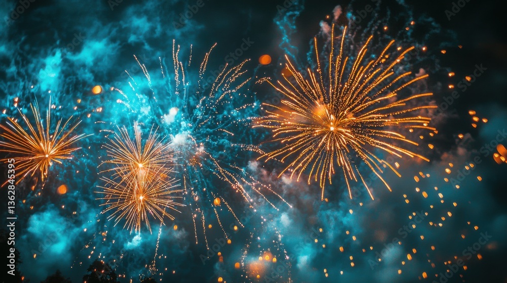 Naklejka premium Vibrant fireworks explode against a teal night sky, creating a dazzling display of light and color. A breathtaking spectacle of celebration.