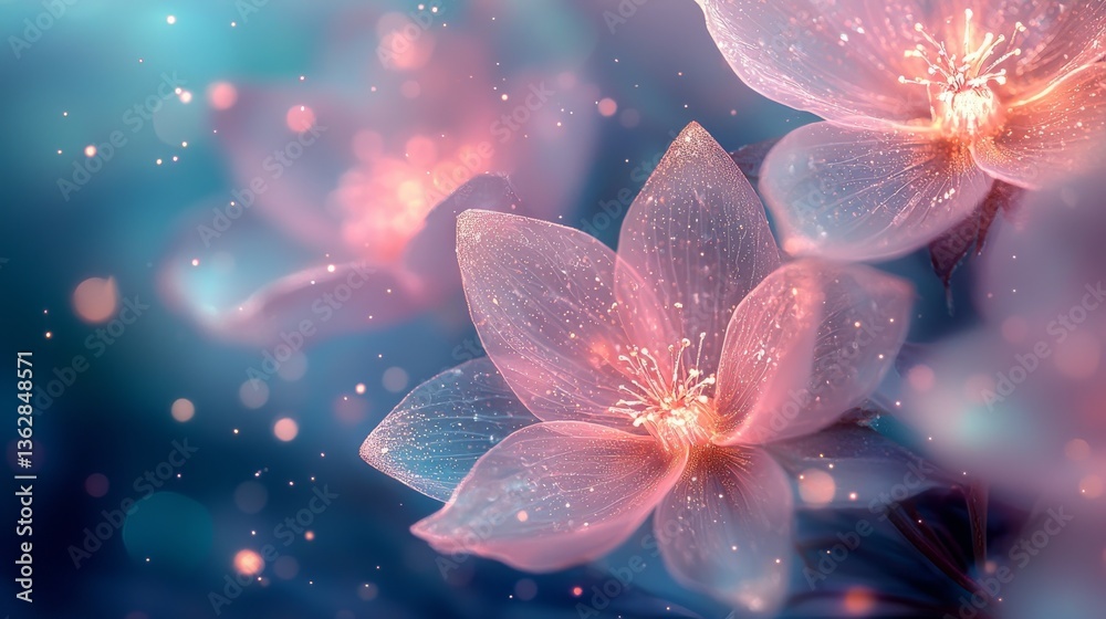 Fototapeta premium Dreamlike Floral Fantasy with Luminous Petals and Sparkling Bokeh Effects