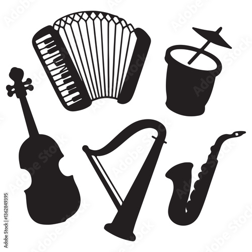 Musical instrument set. Accordion, guitar, harp, ethnic drum, violin, saxophone. Can be used for orchestra, acoustic concert, music, school concept vector