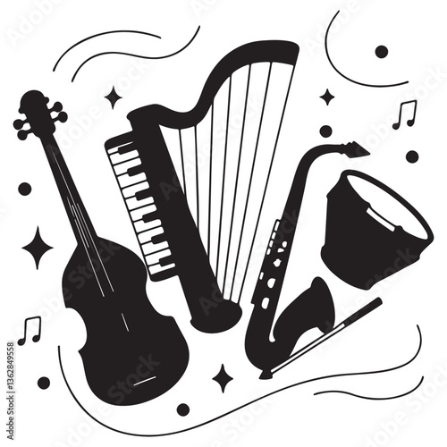 Musical instrument set. Accordion, guitar, harp, ethnic drum, violin, saxophone. Can be used for orchestra, acoustic concert, music, school concept vector