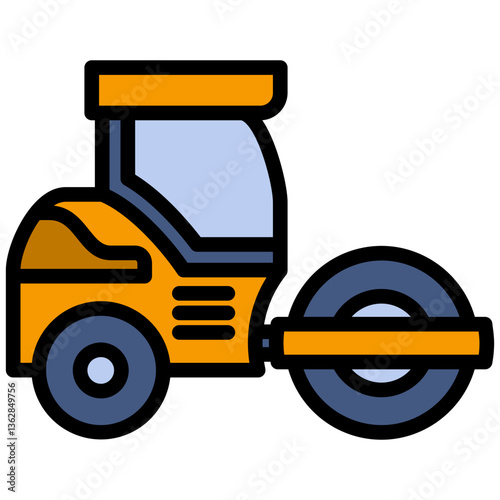 Road Roller Outline Flat Design Icon - Heavy Machinery Outline Flat Design Icon